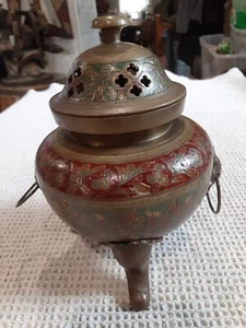 Vintage Brass Incense Pot Red and Green Etched Flowers Signed - Picture 1 of 11