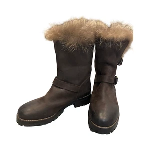 Sartore Paris Brown Leather Fur Lined Moto Boots Size 37.5 US W 7.5 - Picture 1 of 8