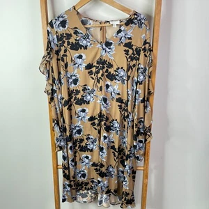 Witchery Shift Dress Womens 10 Brown Floral Ruffle Trim Long Sleeve V-Neck Midi - Picture 1 of 12