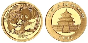 China 20 Yuan 2005 Panda 1/20 OZ Gold Brilliant Uncirculated IN Capsule 122299 - Picture 1 of 1