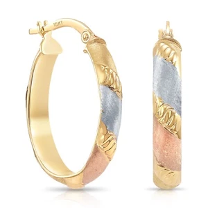 10K Real Solid Tri-Color Gold Diamond-Cut Oval Chunky Italian Hoop Earrings 20MM - Picture 1 of 9