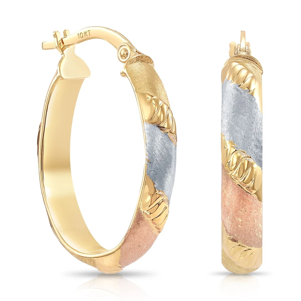 10K Real Solid Tri-Color Gold Diamond-Cut Oval Chunky Italian Hoop Earrings 20MM - Image 1 of 4