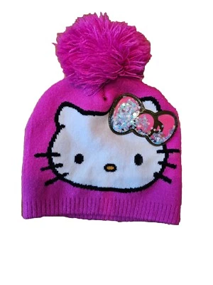 Sombrero Hello Kitty Rosa Tejido Pom Pom con Lazo 3D con Brillos Foto 1 de 4
