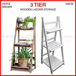 Wooden Ladder Shelf 3 Tier Plant Flower Storage Shelves Multi CD Book Folding - Picture 1 of 14