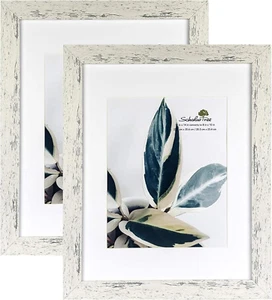 2-Pack Rustic White Wooden Picture Frames - 11x14 without Mat 8x10 with Mat - Picture 1 of 8