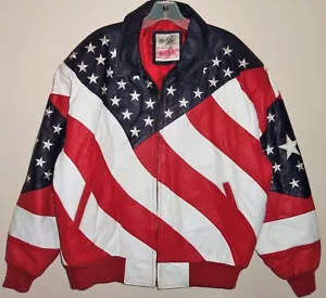 VINTAGE 00's MICHAEL HOBAN USA FLAG PATRIOTIC 9/11 WHEREMI LEATHER JACKET L - Picture 1 of 6
