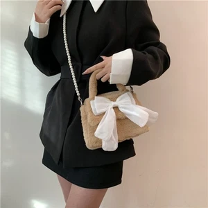 Cute Bowknot Plush Shoulder Bag Plush Square Handbags Women - Picture 1 of 16
