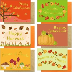Tarjetas de felicitación de Acción de Gracias con sobres paquete de 24 tarjetas de otoño de lámina dorada feliz - Imagen 1 de 9