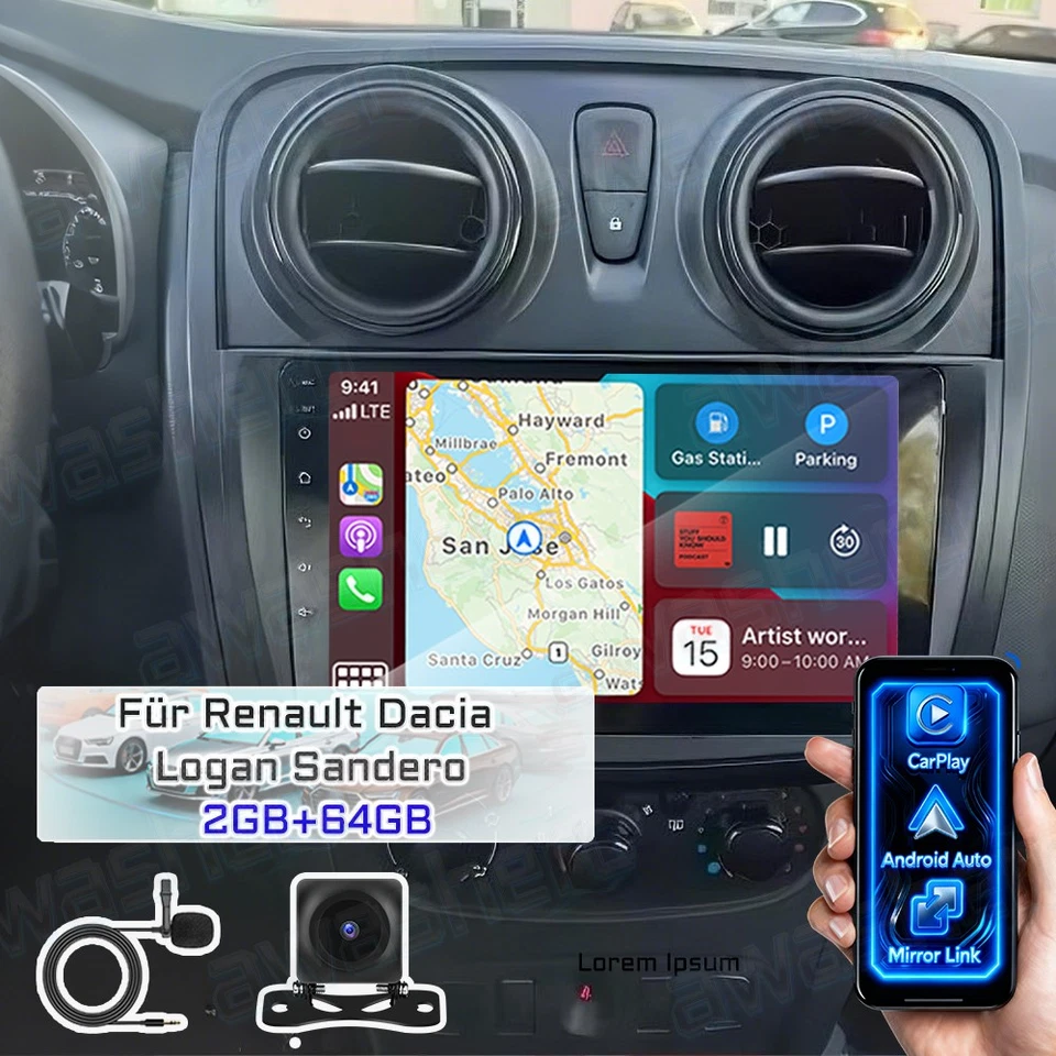 AWASHERO Für Dacia Logan 2 Sandero 2 9" Carplay Android15 Autoradio GPS Navi WIFI +Kamera