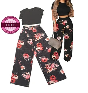 NEW 2 pc Wide Trouser Floral & Top Set, Size Large Outfit Stretch Glam Fashion - Picture 1 of 7
