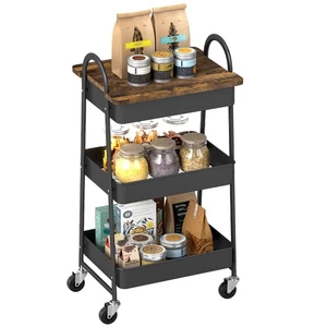 HOMCOM Rolling Utility Cart with Mesh Baskets for Kitchen Rustic Brown Black - Picture 1 of 11