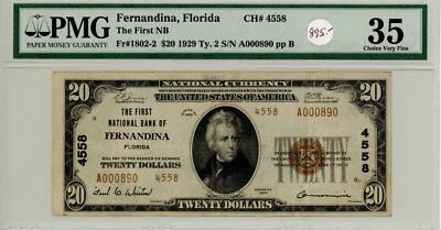 1929 type 2 $20 FNB of Fernandina, FL PMG 35 Charter# 4558 - Image 1 of 2