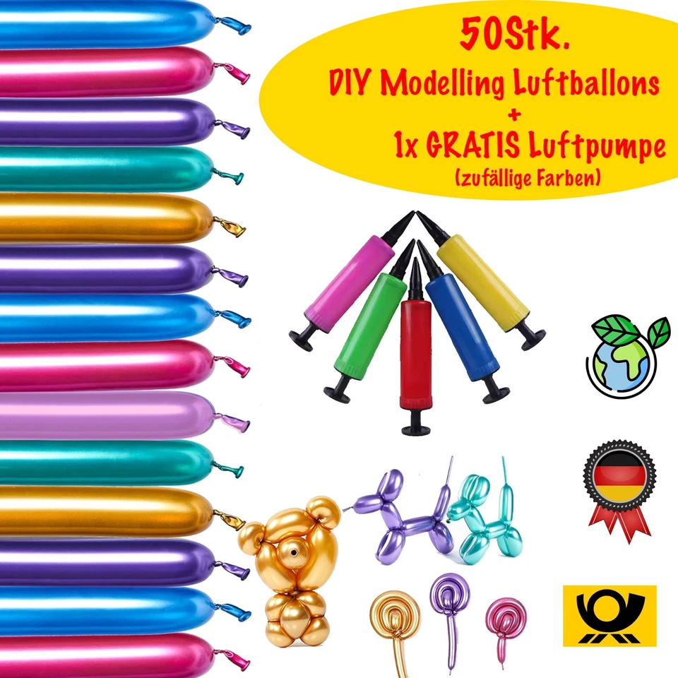 2in1SET Modellierballons DIY Bunte lange Luftballons 260Q Metallic Ballons Pumpe - Bild 1 von 4