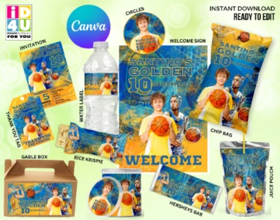Basketball GSW Party Bundle Editable labels with PICTURE, NBA Party Bundle - Image 1 of 4