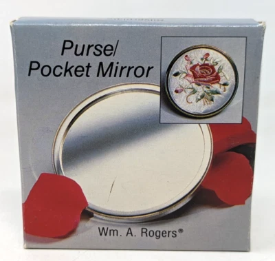 NIB VTG Wm A Rogers Oneida Silverplate Embroidered Rose Purse Pocket Mirror CP22 - Image 1 of 4