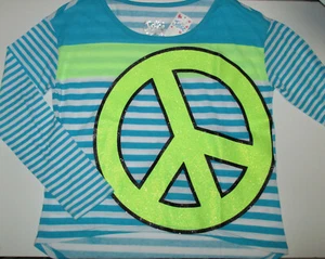 NUEVO CON ETIQUETAS Camiseta Justice Girls Turquesa Blanca y Lima Paz Dobladillo Alto Bajo Tú eliges Talla NUEVA - Imagen 1 de 2