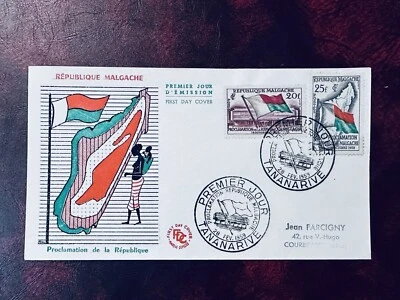 МАЛАГАСИЙСКИЙ МАДАГАСКАР FDC 1959 ПРОВОЗГЛАШЕНИЕ РЕСПУБЛИКИ ТАНАНАРИВ ПОЧТОВАЯ МАРКА - Изображение 1 из 2