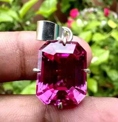 23 Karat einer Natürlichen Rosa Saphir Smaragd Schliff 925 Solid Silber Anhänger - Bild 1 von 4