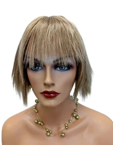 Razor Cut Short Synthetic Color Light Ash/ Light Golden Blonde Wig With Bangs - Picture 1 of 8