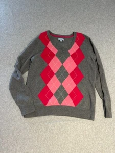 Maglione pullover donna IZOD grigio rosa Argyle scollo a V manica lunga taglia large - Foto 1 di 6