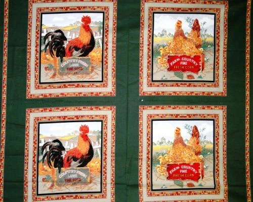 Tela de gallo Farm Country recortada 34"X44" panel pollos pollos algodón verde Foto 1 de 1