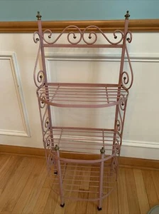 Vtg Iron Plant Stand  Shelf 3 Tier Table Mid Century Pink 37 X 16 X 10” Heavy - Picture 1 of 4