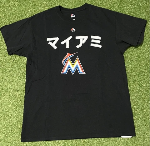 Ichiro Suzuki Japanese Majestic Florida Marlins MLB Baseball T Shirt L jersey Cover