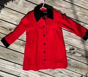 Vintage Girls Red Winter Collared Wool Long Dress Coat Black Velvet Trim. EUC! - Picture 1 of 9