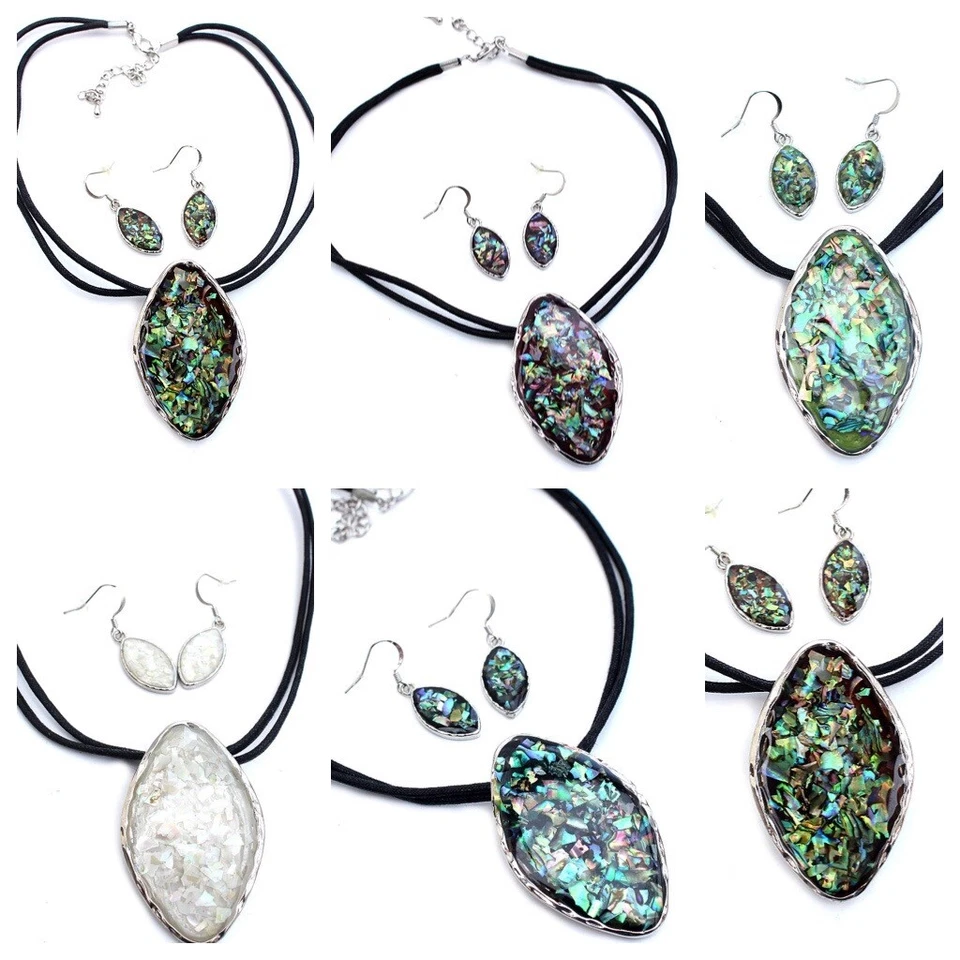 Paua Abalone Schmuck Set, Halskette + Ohrhänger, Muschelsplitter, Farbwahl NEU - Bild 1 von 1