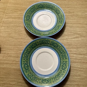 Vintage MCM Royal Ironstone China 2 Saucers Plates USA Blue Trim Green 6” Heavy - Picture 1 of 7