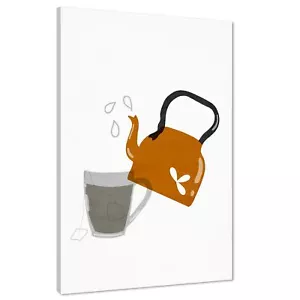 Kitchen Canvas Art Pictures Kettle Making Tea Orange Grey - Picture 1 of 15