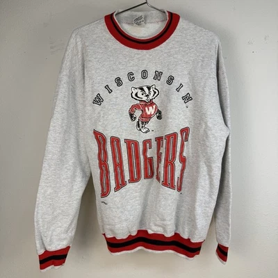 VTG 90s NUTMEG Mills Wisconsin Badgers Sweatshirt Mens L Gray Go Bucky USA MADE - Image 1 of 4