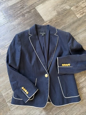 Blazer Ann Taylor Para Mujer Talla 4 Azul Marino Chaqueta Clásica Mezcla de Lino Botón Dorado Foto 1 de 4