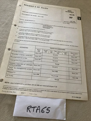 Renault 5 Nota Tecnica 1985 R5 GT Turbo Vernice Carrozzeria E Accessori - Immagine 1 di 2