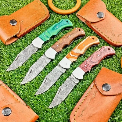 LOT OF 4 PCS! HANDMADE Premium Damascus Pocket Folding Knife BACK LOCK, TN-8979 - Image 1 of 4