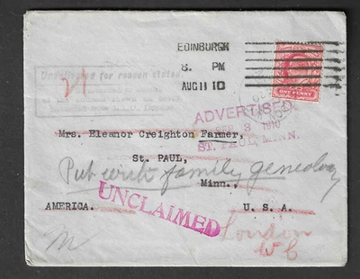 U.K. 1910 cover to St. Paul, Minn. where ADVERTISED and sent to D.L.O. - Image 1 of 4