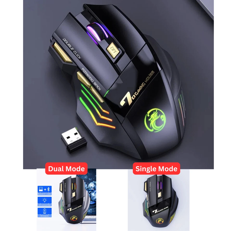 Rechargeable Wireless Gaming Mouse RGB Light Dual Mode Bluetooth & 2.4G 3200 DPI - Image 1 of 4