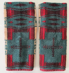 Vintage Ralph Lauren Hand Towels Red Green  Aztec Southwestern Native Pair - Picture 1 of 8