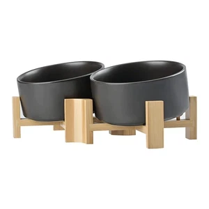 15° Slanted Ceramic Dog and Cat Bowl with Wooden Stand, Tilted Bulldog Food a... - Picture 1 of 6