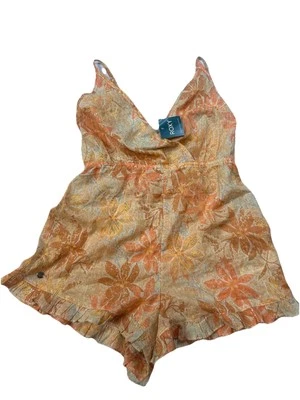 NEW SMALL ROXY FLORAL PEACH BEACH RESORT ROMPER RUFFLE SHORTS OVERALLS SUMMER  - Image 1 of 4