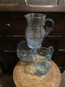 Set 3 vintage Art Glass Blue large Lemonade / Pimms Cocktail Jug Pitchers - Picture 1 of 12