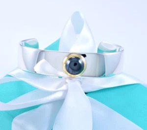 Vintage Tiffany & Co 18K Gold Silver Hematite Cuff Bracelet in Box Pouch Ribbon - Picture 1 of 12