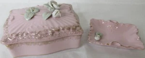 Vintage Cigarette Box and Ash Tray Set Pink Floral Porcelain Gold Trim 3 Pieces - Picture 1 of 18