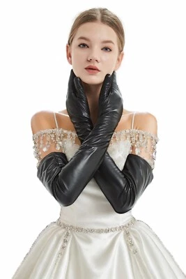 Women Extra Long Top sheep Leather Gloves Black Opera Style Italy Lambskin - Image 1 of 4