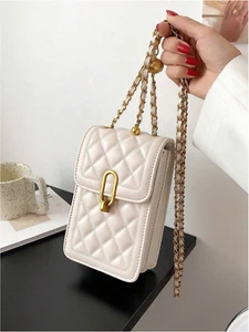 Borsa bianca mini trapuntata con patta catena telefono leggera borsa moda tracolla - Foto 1 di 7