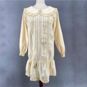 Vintage Victor Bijou Langarmkleid Spitzenkragen Drop Waist creme hellbraun M/L Prärie - Bild 1 von 10