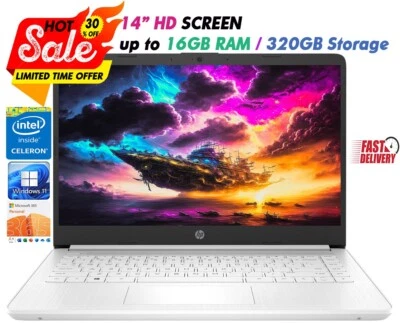 HP Newest Laptop 14"HD Intel 4-Core Up to 16GB RAM & 320GB Storage Win11 White - Image 1 of 4