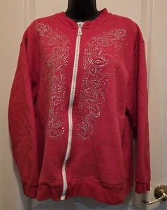 Christmas Red W/ Crystals Zip Front Sweatshirt Cardigan Sweater Size Womens  L  - Picture 1 of 6