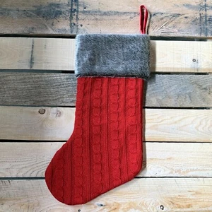 Red Cable Knit Christmas Stocking - 20" H, 8" W, Brown Faux Fur Boot Cuff - Picture 1 of 3