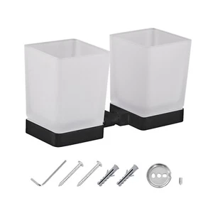 JASSFERRY Double Wall Mounted Toothbrush Tumbler Holder Frosted Black Glass - Picture 1 of 7